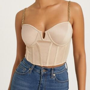 Say What bustier top corset nude gold metal chain strap boning padded SZ M